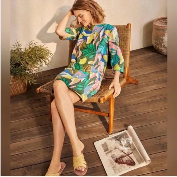 Boden Laurie Linen Mini Dress in Plum Blossom Tropical Flora Sleeves Size 6 - Picture 3 of 15
